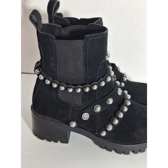 Karl Lagerfeld Paris Black Pia Faux Pearl Studded Suede Ankle Boots Sz 7.5B Goth - Picture 6 of 13